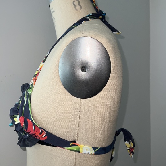 JETS by Jessika Allen Navy Floral Ruffle Tie Halter Bikini Top US Sz 4.- NWT! - Picture 4 of 10